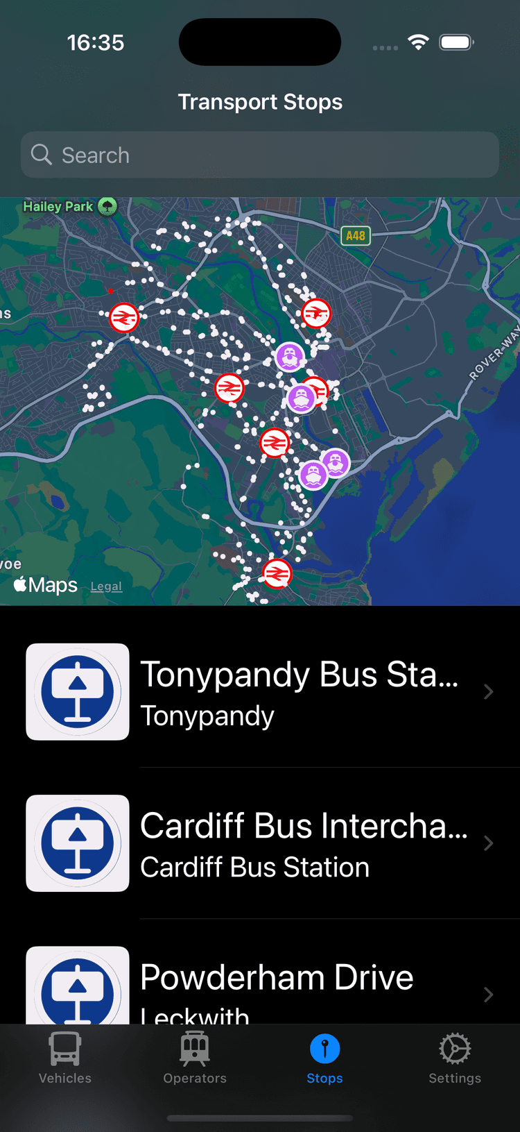 View showing stops and stations around Cardiff, UK