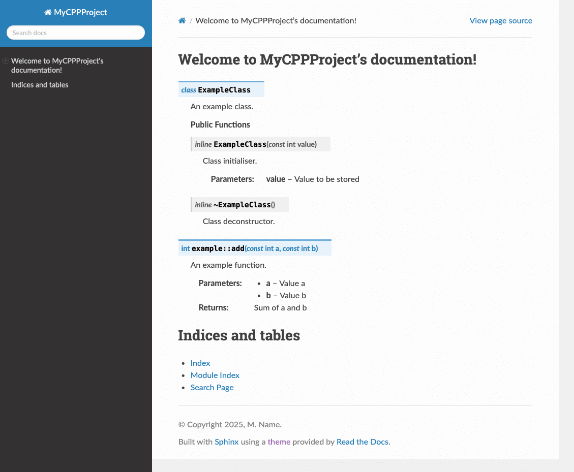 Image showing ReadTheDocs style documentation for example C++ code