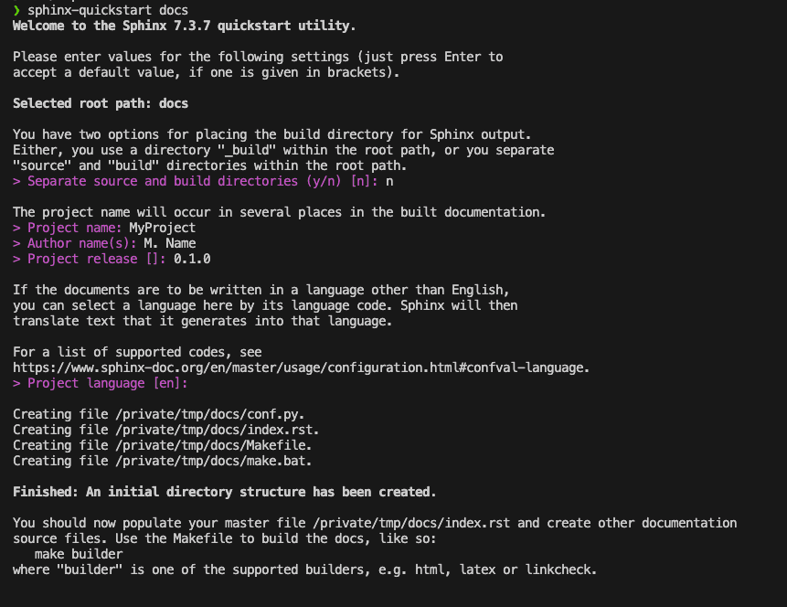 Image showing the steps in the sphinx-quickstart script.